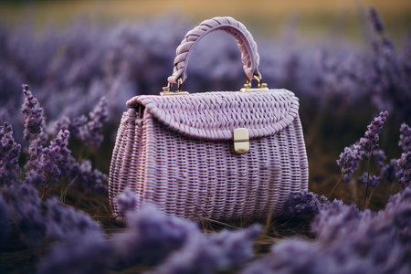 Stylish women's handbag sits amidst a serene lavender field at duskの素材