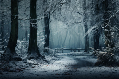 Tranquil and serene enchanted winter forest path covered in snow with mystical twilight. Frozen trees. And a tranquil and serene landscapeの素材
