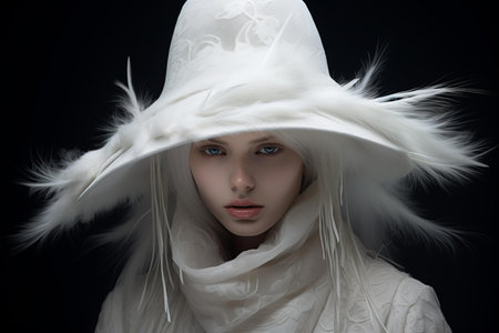 Portrait of a mysterious woman in a luxurious white hat with feathers on a dark backgroundの素材