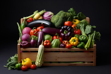 Rich assortment of colorful fresh vegetables in a rustic wooden box, ideal for healthy diet themesの素材
