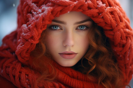 Close-up portrait of a woman with vibrant red hair wrapped in a chunky knit scarf, snowflakes adorning herの素材