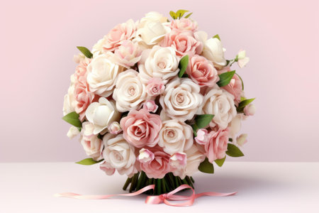 Beautiful wedding bouquet featuring ivory and pink roses tied with a silk ribbonの素材