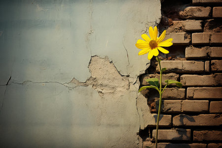 Single yellow flower emerges triumphantly between a cracked wall and sturdy bricksの素材