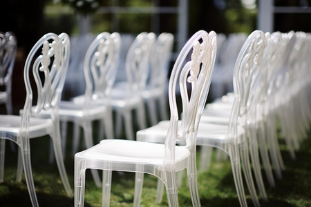 Row of stylish white chairs arranged for an outdoor ceremony or gatheringの素材