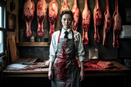 A young woman stands with poise amid hanging meats in a vintage butcher's shopの素材