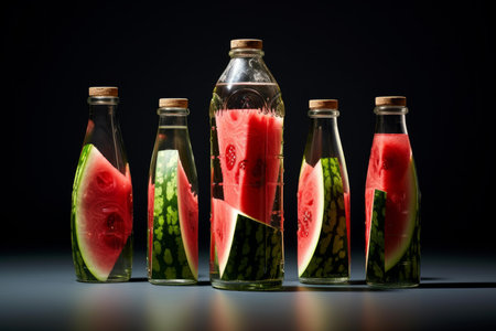 Artistic arrangement of watermelon pieces in transparent bottles with a dramatic dark backdropの素材