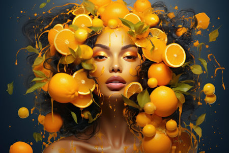 Vibrant portrait of a woman surrounded by flying oranges on a blue backgroundの素材