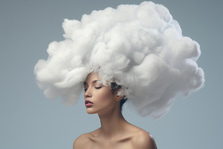 Artistic image of a serene woman with a cloud-like hairdo against a neutral backgroundの素材