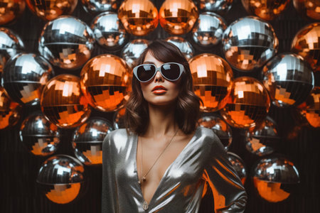 Fashionable lady in sunglasses and a shiny outfit poses among reflective disco ballsの素材