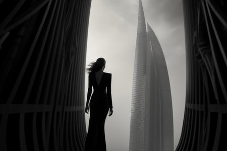 Striking black and white image of a woman's silhouette gazing up at a towering skyscraper amidst fogの素材