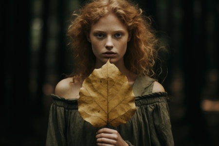 Ethereal woman with red hair holding a yellow leaf in a dark forest settingの素材