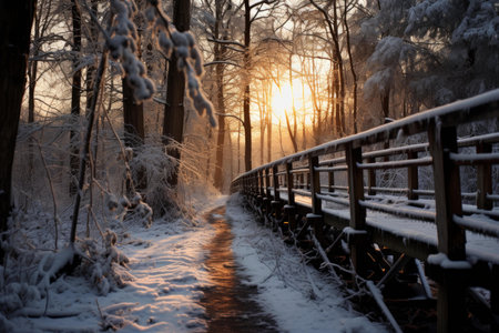 Serene snowy forest scene at sunrise with a wooden bridge leading through the tranquil treesの素材