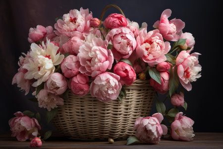 Beautiful arrangement of pink and white peonies in a rustic wicker basket on a dark backgroundの素材