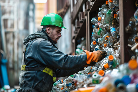Employee in protective gear sorts waste plastic at an industrial recycling facilityの素材