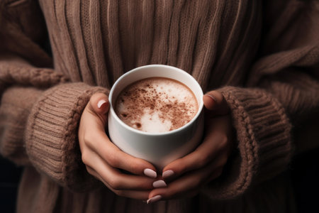 Close-up of hands lightly gripping a comforting cup of hot cocoa with frothy milkの素材