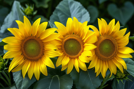 Three bright yellow sunflowers with lush green leaves in a natural settingの素材