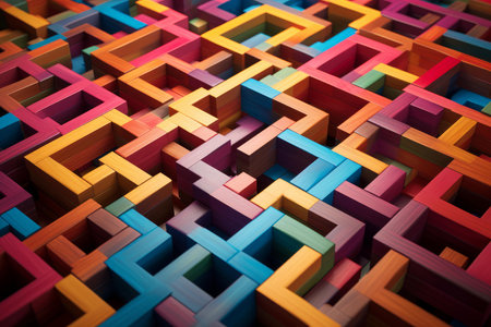Colorful and intricate 3d wooden maze puzzle with abstract geometric pattern and vibrant multicolored entertainment for mental exercise and problem-solvingの素材