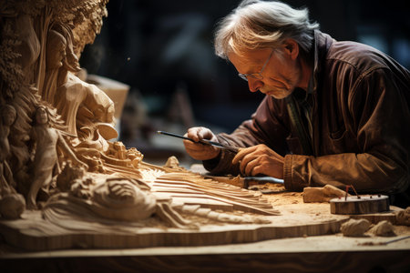 Master craftsman meticulously shapes a detailed wood carving with precision tools in a workshopの素材
