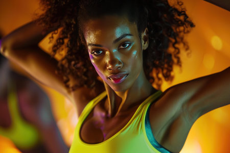 Portrait of a determined young woman with afro hairstyle in sportswear, glowing under colorful lightsの素材