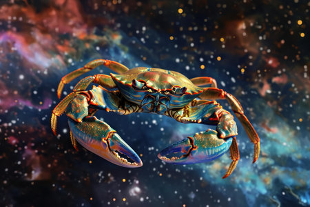 Vibrant and cosmic crab nebula digital art with marine life and zodiac cancer constellation theme in outer space universe background illustration with glowing mystical surreal biodiversity and creativの素材