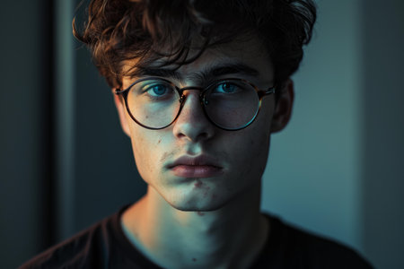 Close-up of a thoughtful male with eyeglasses looking at the camera, contemplative expressionの素材