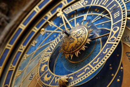 Close-up of an ornate astronomical clock with zodiac signs in rich blue and gold colorsの素材