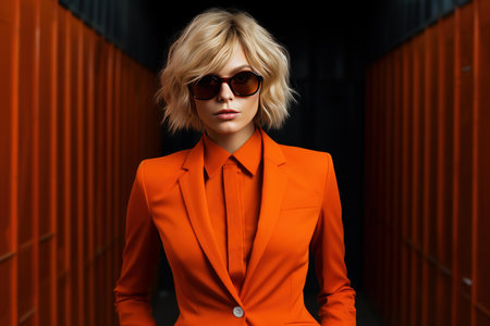 Fashion-forward woman poses confidently in a striking orange blazer and chic sunglassesの素材