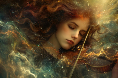 Artistic portrayal of a young woman playing a violin surrounded by cosmic flames and stardustの素材