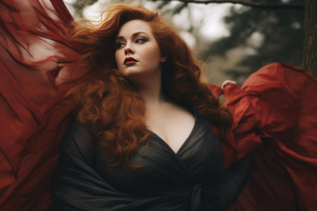 Ethereal beauty of a woman with flowing red hair in a mysterious woodland settingの素材