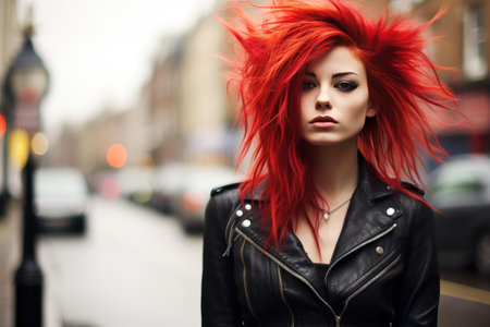 Young woman with vibrant red hair posing confidently on a city streetの素材