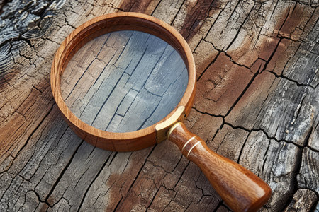 Close-up of a classic magnifying glass on a textured, cracked wood background depicting investigation or explorationの素材