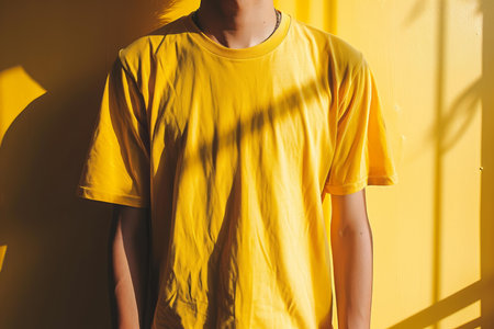 Creative composition with shadows across a yellow t-shirt on a person against a yellow wallの素材