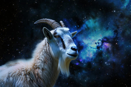 A serene goat set against a vibrant cosmic nebula backdrop, symbolizing astrological capricornの素材