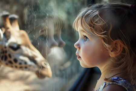 A young girl marvels at a giraffe behind glass in a moment of pure curiosity and connectionの素材