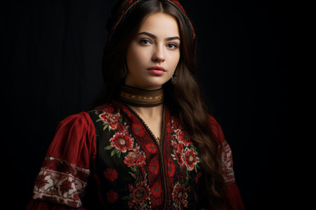 Portrait of a beautiful young woman dressed in an intricate embroidered folk outfit against a dark backdropの素材