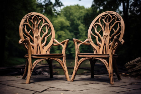 Two beautifully crafted wooden chairs with intricate designs, located in a serene parkの素材