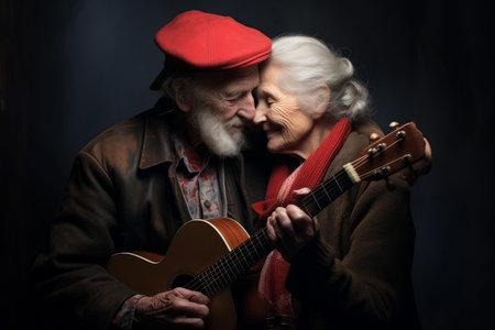 Affectionate senior couple shares a loving embrace while holding a classic guitarの素材
