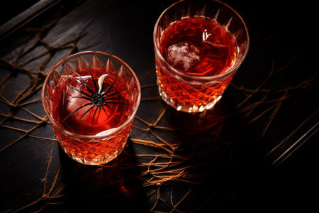 Dark Halloween spider drinks glass. Spooky food. Generate Aiの素材