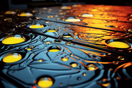Vibrant macro photograph of oil droplets on water creating a colorful abstract patternの素材
