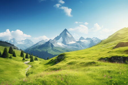 Tranquil morning view of sunlit green meadows and majestic mountain peaksの素材