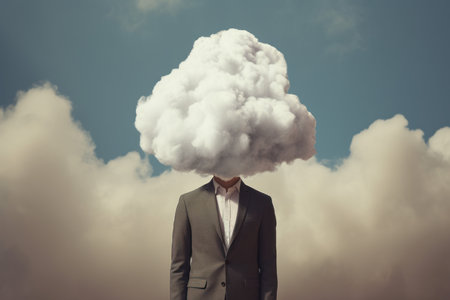 Surreal concept of a man in a suit with a cloud for a head against a sky backdropの素材
