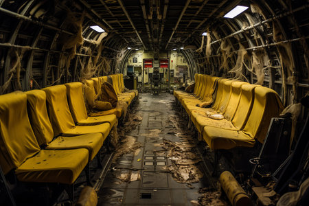 Eerie image of a decrepit and abandoned plane interior, showing weathered, yellow seats and cobwebsの素材