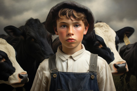 Portrait of a pensive young boy in farm clothing standing before a herd of cows under a cloudy skyの素材