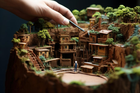 Close-up of an artists hand using tweezers to fine-tune a detailed miniature model village with lush sceneryの素材