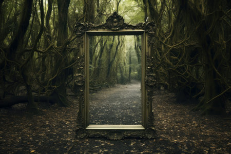 Mystical forest pathway is seen through an ornate vintage frame, evoking a magical atmosphereの素材