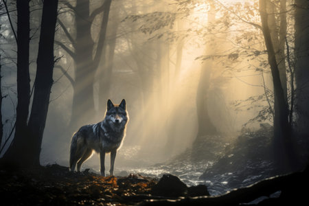 Solitary wolf stands alert in a serene, sunlit misty woodland, embodying wild beautyの素材