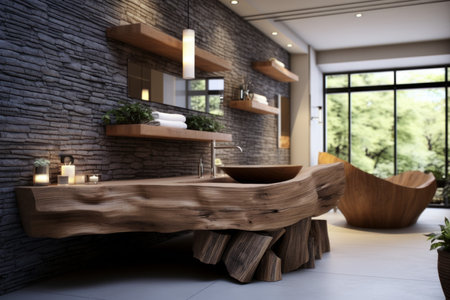 Elegant spa-inspired bathroom featuring natural wood furnishings and modern designの素材