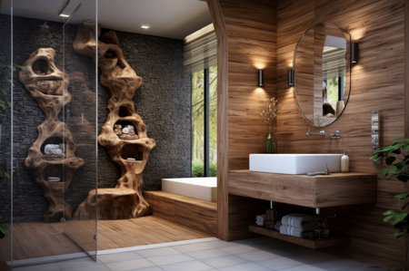 Elegant bathroom design featuring wooden elements, a glass shower, and unique wall texturesの素材