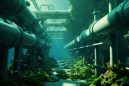 Mysterious submerged pipelines weaving through the oceans flora, with light filtering from aboveの素材