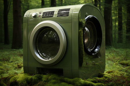 Photorealistic image of a green washing machine uniquely placed in a lush forest settingの素材
